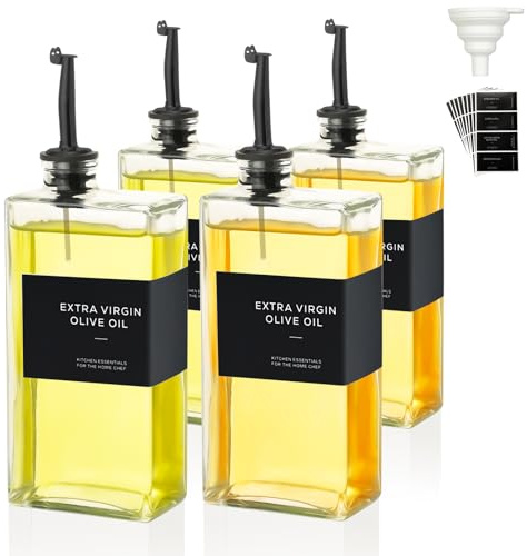 VINATO 4 Pezzi Porta Olio Set, 500ml Oliera Vetro Con Beccuccio, Imbuto1, Etichette 36 Per Olio E Aceto, Bottiglia Olio Per Cucina, Caffè E Bar