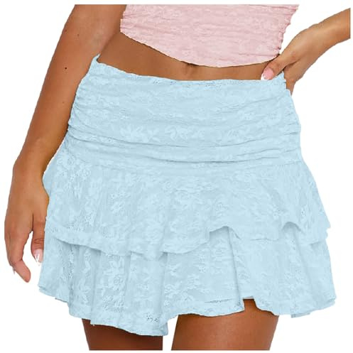 Gonna Corta da Donna Minigonna Donna Gonne Corta Doppio Volant Y 2K Floreale Pizzo Elastico Vita Stratificato Arruffato Una Linea Gonna Cort Mini Plissettata Elegante Gonne per out Feste, (Blue, S)