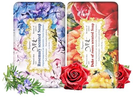 DR.EMMET Floral Essential Oil Artisan Soap - Invigorating Herbal Scent, Natural with Olive Oil & Shea Butter, Handmade Cold Process Soap-200g, pack of 2 (Rosemary & Rose)
