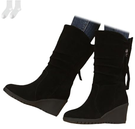 Stivaletti Donna Taglie Forti, Stivaletti Comodi Con Zeppa E Tacco Basso Con Cerniera, Punta Tonda Stivali Morbidi Autunno Inverno Per Uso Quotidiano E Tempo Libero,Nero,43 EU