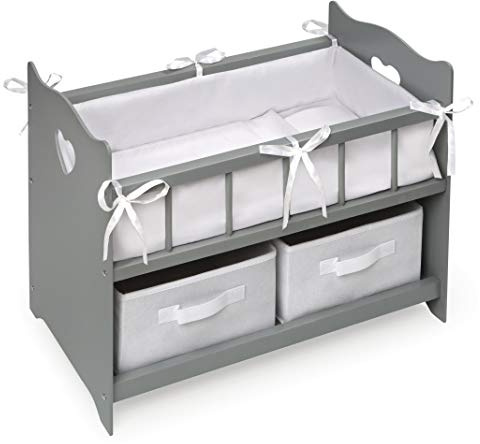 Badger Basket Wooden Doll Crib with Bedding & Storage - Pretend Play Nursery Bed for Dolls with Fabric Liner Blanket, Pillow, and Name Kit - Play Set for Girls Age 3+ - Gray