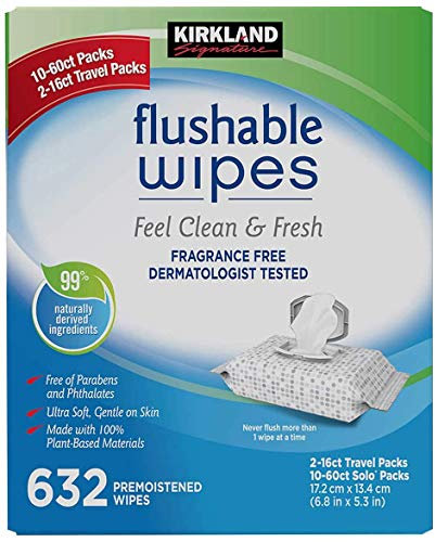 Genuine Kirkland Moist Flushable 632 Wipes Includes 2 Travel Packs