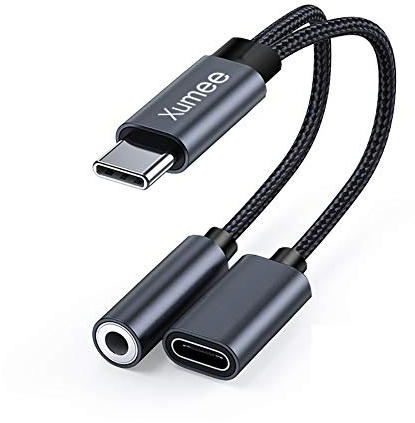 Xumee USB Type C to 3.5mm Headphone and Charger Adapter, 2-in-1 USB C to Aux Audio Jack Hi-Res DAC and Fast Charging Dongle Cable Compatible with iPhone 16/15 Pro Max,Galaxy S25 S24 Ultra (Grey)