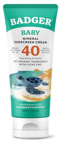Badger SPF 40 Baby Reef Safe Natural Mineral Sunscreen Cream with Clear Zinc Oxide, Broad Spectrum and Water Resistant, Chamomile, 2.9 ml Oz