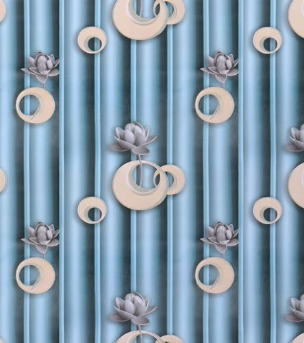 LZH-LP 3D Effect Self-Adhesive Wallpaper, 45x300CM Blue Striped Floral Circles Peel Stick Vinyl, Gray Flowers Beige Circles Removable Wallpaper Film Roll for Wall Cabinet Décor