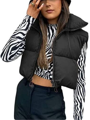 Yassiglia Chaleco corto sin mangas para mujer, chaleco acolchado sin capucha, chaleco de plumas invierno, primavera, cuello alto, acolchado, ligero, Negro , M