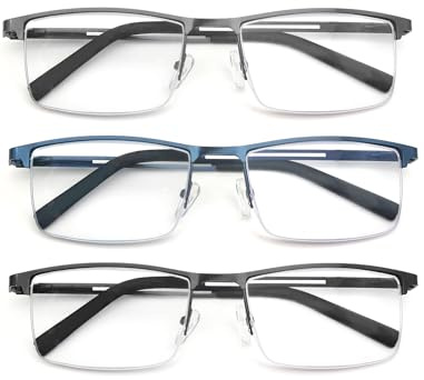 MODFANS 3 Paire de Lunettes de Lecture 0.75 Homme Anti Lumiere Bleue - Monture Rectangle en Metal Acier Inoxydable Lunettes de Vue Lunettes Loupe Gris-Bleu-Marron
