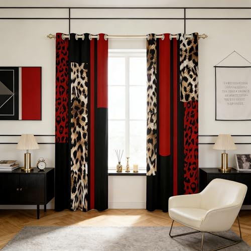 Leopard Print Blackout Curtains,Abstract Wlid Cheetah Skin Rustic Window Drapes for Girls Women,Geometric Stripes Patchwork Fashion Red Brown Window Treatments Grommet Top 2 Panel Set,42Wx90L inch