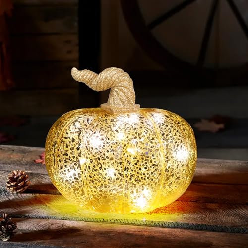 DETENE Zucca di Vetro per la Decorazione Decorazione di Zucca Oro Zuccha di Vetro di Halloween Grande Zucca Di Vetro per Halloween Decorazione Autunno Raccolto Decorazioni da Tavolo(circolare)