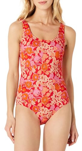 Amazon Essentials Women's One-Piece Coverage Swimsuit (Available in Plus Size), Bright Red Multi Folk Floral, 12