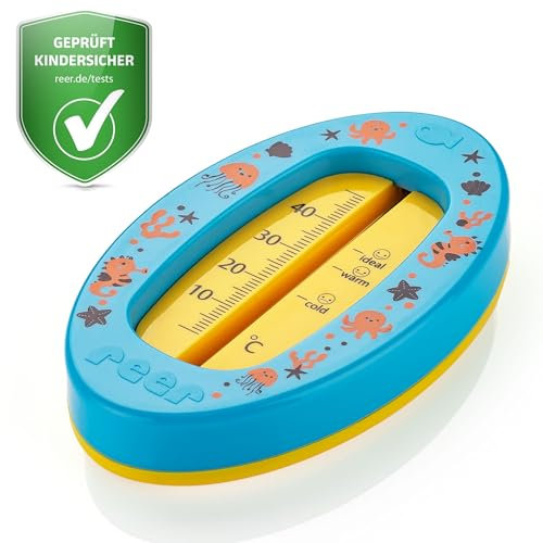 reer Baby-Badethermometer oval | kindersicheres Bade-Thermometer | Optimale Badetemperatur für die Wanne | quecksilberfrei | hoher Messbereich | übersichtliche Skala | Blau