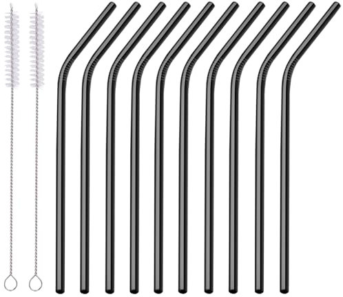 10 Pezzi Cannucce Riutilizzabili in Acciaio Inossidabile Cannucce Cocktail con 2 Spazzola per la Pulizia,Lavabili in Lavastoviglie,per Bevande,Latte,Succhi,Caffè Freddo(Curve,Nero)