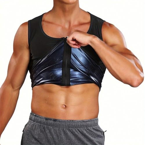 Risipu Men Sauna Vest Tops Exercise Fitness Zipper Sweat Sauna Suit Slimming Weight Loss Gym Workout Suit Body Shaper Waist Trainer Training Fitness Tank Top (M)