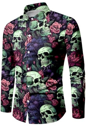 WAZHAKU Costume de carnaval pour homme - Chemise décontractée - Tête de mort - Rose - Imprimé 3D - Manches longues - Boutonnière hawaïenne - Vintage - Avec col montant - Chemise de plage ample