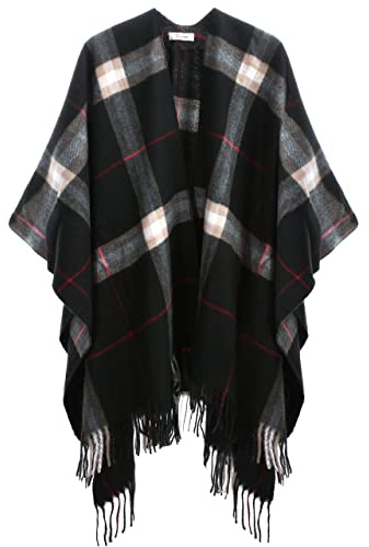 soul young Élégant Châle en Tricot Femmes Hiver Chaud avec Franges Ouverture Avant Cardigan Grande Taille Poncho Cape Carreaux(Taille unique,Noir Grille)