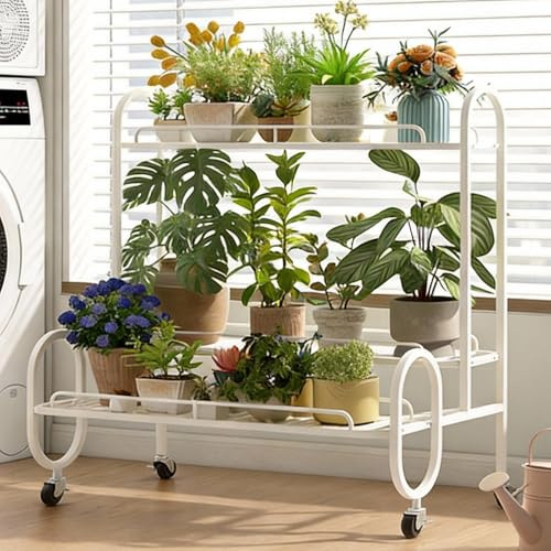 WATAOW Carrello Portafiori A 3 Ripiani con Ruote - Supporto per Piante da Interno Ed Esterno - Espositore da Giardino Portatile in Metallo Mobile per più Piantes(Bianco,80cm/31.5)