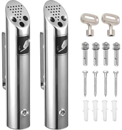 Set di 2 posacenere da parete per esterni, in acciaio inox, 30 cm, con serratura, resistente alle intemperie e antifurto grazie alle viti di espansione in acciaio inox, per terrazza, ristorante, hotel