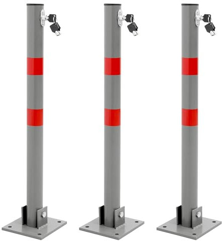 ECD Germany 3x Barrière de Parking Rabattable - 71 cm - Rond - en Acier - Verrouillable avec Clés - Poteau Borne de Stationnement Pliable - Matériel de Fixation Inclus - Bandes Avertissement Rouges