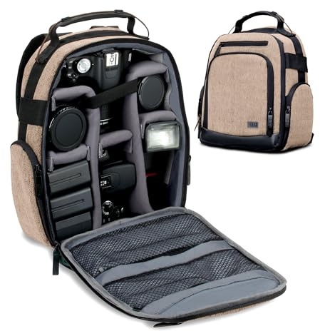 USA Gear Sac Appareil Photo Reflex avec Intérieur Ajustable pour Randonnées en Montagne, Sac à Dos Moto avec Base Etanche et Support Dos Rembourré - Compatible avec Canon, Nikon et Plus - Marron