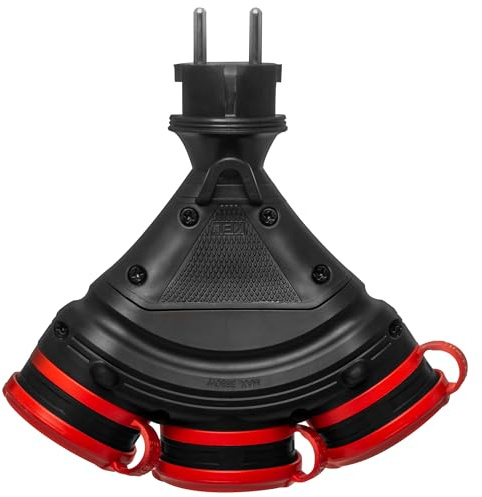 KEL Mehrfachstecker Verteilersteckdose Schuko 250V max. 16A IP44 3-fach Steckdose mit hermetischer Abdeckung und Erdung Rot Schwarz