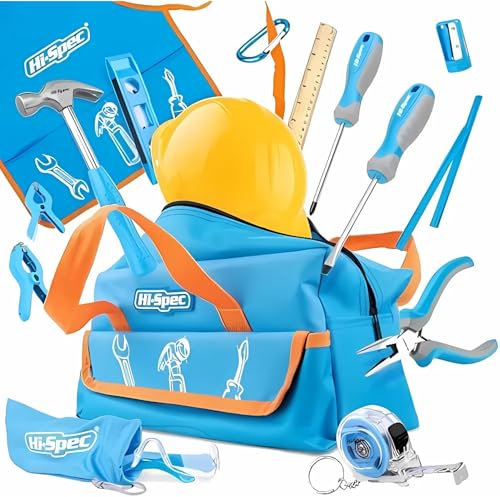 Hi-Spec 18-TLG. Kinder-Werkzeugset mit echten Handwerkzeugen, einschließlich Schutzbrille und Spielzeughelm Kinderwerkzeug echt – Alles in Einer praktischen Aufbewahrungstasche