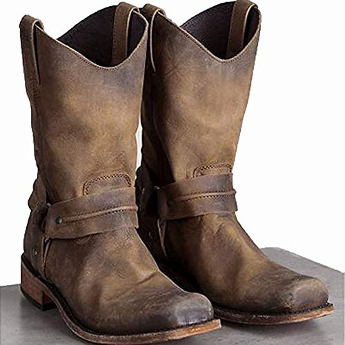 MWbetsy Les Hommes de l'Ouest Santiags Vintage tête carrée Chevalier Boot Haut Aide Punk Rock Style Gothique Mi-Mollet Bottes Chasse d'hiver Randonnée Trekking,Marron,46
