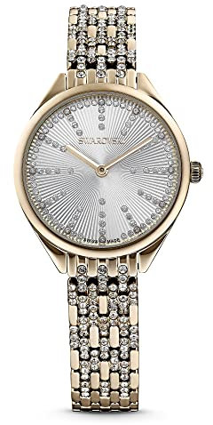 Swarovski Attract Uhr, Edelstahl Damenuhr mit Goldfarbenem Gehäuse, Weißem Zifferblatt, Swarovski Kristallen und Metallarmband