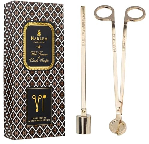 HARLEM CANDLE CO. Luxury Snuffer/Trimmer Set of 2, Candle Snuffer Extinguisher and Candle Wick Trimmer Cutter, Stainless Steel with Gold Finish, Gift Box Packaging