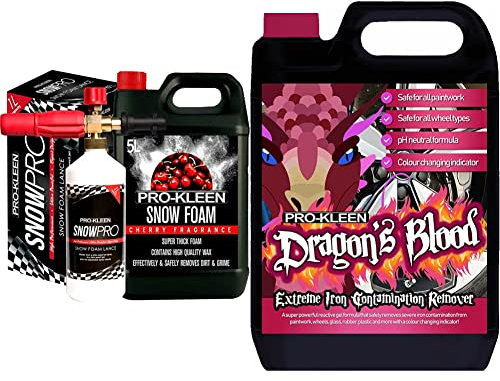 Pro-Kleen Snow Foam Karcher Lance with 5L Cherry Snow Foam & 5DB Dragon's Blood Iron Contamination Fallout Remover, pH Neutral, Fast Acting Alloy Rim Cleaner