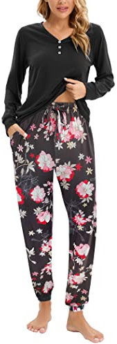 Famulily Pyjamas for Women Set Cotton V-Neck Soft Loungewear Winter Pjs Set Long Sleeve Sleepwear with Pockets Coffee XXL