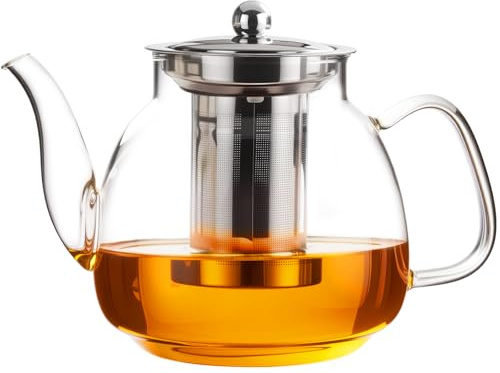 PARACITY Glass Teapot Stovetop 50 OZ/1500ml, Tea pot with Removable 18/8 Stainless Steel Infuser, Borosilicate Clear Tea Kettle, Teapot Blooming and Loose Leaf Tea Maker Tea Brewer for Camping, Travel