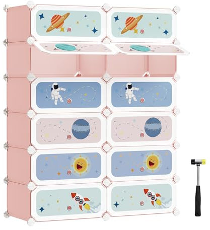 SONGMICS Estantería Modular Infantil de 12 Cubos, Zapatero para niños, Estantería plástico, Armario Modular con Puertas, para Ropa, Zapatos, Juguetes, 31 x 81 x 106 cm, Rosa Jalea LPC907R01