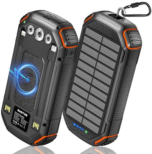 Wireless Solar Powerbank 26800mAh Eingebaut in 3 Kabel & Camping Lichter, USB-C 15W PD 3A Schnellladung Externer Akku 4 Ausgänge & 3 Eingänge, Outdoor Wasserdichtes Solarpanel für Smartphone