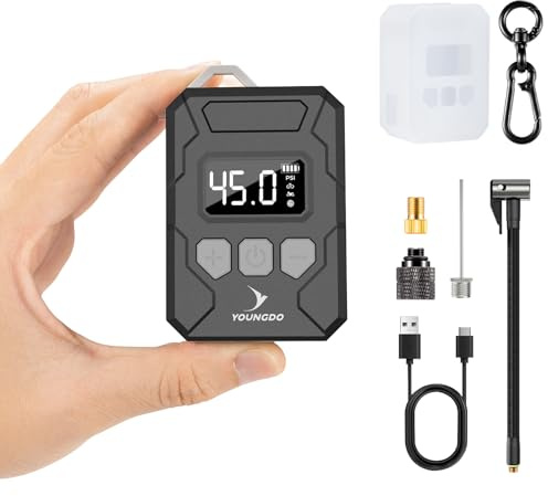 150PSI mini Bomba Bicicleta, YOUNGDO inflador electrico con Manómetro Digital, Función Auto Stop Tipo-C Bomba de Aire Eléctrica para Bicicleta con Válvula Presta y Schrader para Bicicleta, Moto, Balón