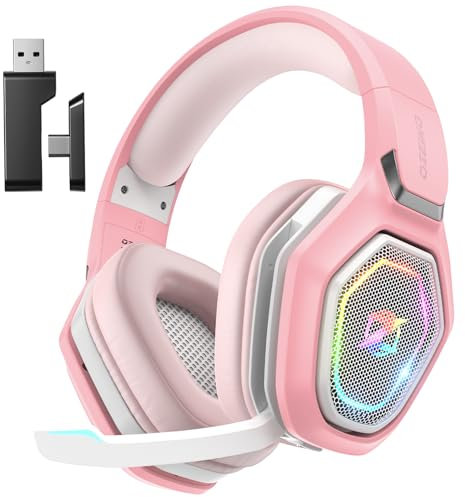 Ozeino Casque Gaming sans Fil pour PC Ps5 Ps4, 2.4GHz Audio sans Perte, USB & Type-C Casque de Jeu Ultra Stable avec Batterie 40 Heures pour Switch Laptop Mobile Mac(Rose)