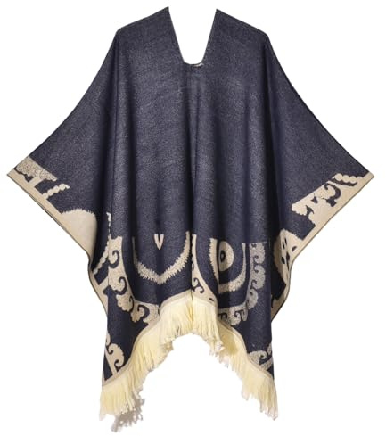 Iris Sprite Poncho da donna in stile etnico, poncho da donna con nappe, scialli lavorati a maglia e mantelle, Cape Blu Navy, Taglia unica