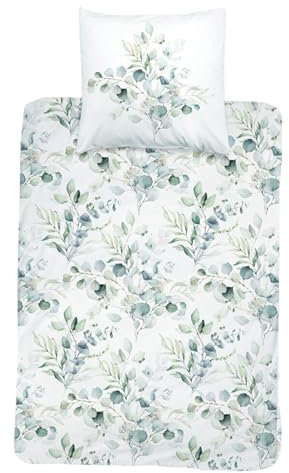 MTOnlinehandel Bettwäsche Set 100% Baumwolle, 1 Kissenbezug 80x80 cm + 1 Bettbezug 135x200 cm, Reißverschluss, hautfreundlich, sanft, weiche Satinbettwäsche (Eukalyptus)