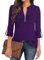Gemulate Womens Tops 3/4 Sleeve Shirt with Half Zip Purple Blouses for Women UK V Neck Polo Shirt Ladies Long Roll Up Sleeve Going Out Tops Dark Purple XL