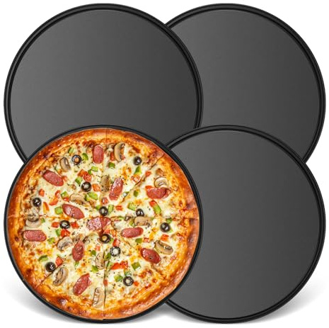 Romon plaque pizza Set de 4, 26 cm, Acier au Carbone avec Revêtement Teflon, Anti-adhésif, Sain et Durable, Idéal pour les Pizzas Maison