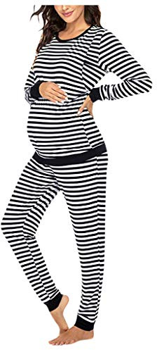 Generisch Ensemble de pyjama de maternité et d'allaitement long pour femme avec haut t-shirt et pantalon rayé comme tenue de détente confortable pour la grossesse, Noir , S