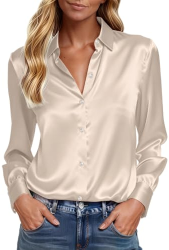Satin Blouses for Women, Blusas Elegantes para Mujer Silk Blouses for Women Dressy Elegant Satin Tops Silk Button Down Shirts Dress Shirt Ladies Work Shirt Womens Long Sleeve Blouse,Champagne,Medium