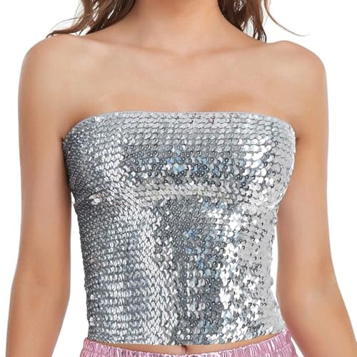 LZPCarra paljetter bandeau topp svarta toppar damer sexig glitter festival paljetter crop top silver linne ärmlös väst axelfri glittertopp rave axelbandstopp rör topp, silver, Einheitsgröße