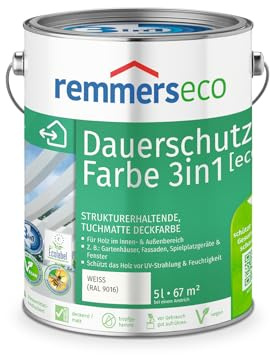 Remmers Dauerschutz-Farbe 3in1 [eco] weiß (RAL 9016), 5 Liter,für innen und außen, 3in1: Isoliergrund, Zwischen- und Schlussbeschichtung