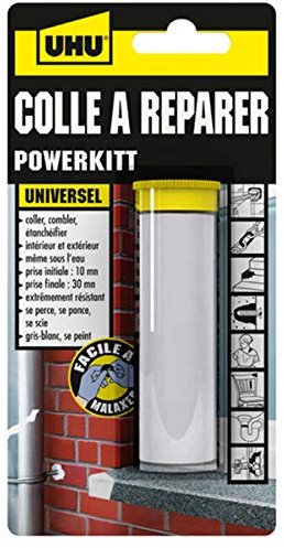 UHU Colle à réparer Powerkitt universel - Pâte époxy pétrissable 2 composants ultra rapide et solide pour coller, combler, étanchéifier, réparer, intérieur et extérieur, Gris, 60g