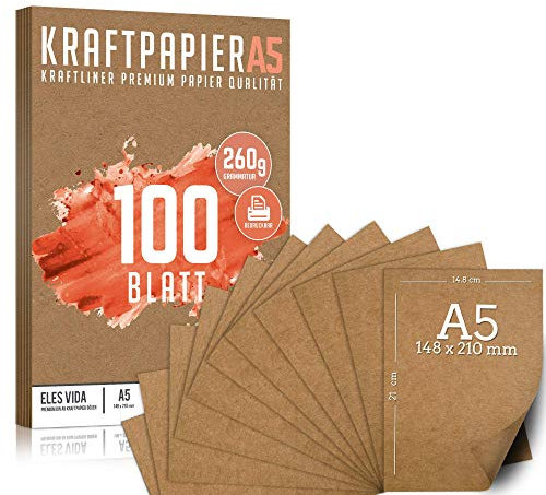 100 Blatt Kraftpapier A5 Set - 260 g - 14,8 x 21 cm - DIN Format - Bastelpapier & Naturkarton Pappe Blätter aus Kraftkarton zum Drucken, Kartonpapier Basteln für Vintage Hochzeit Geschenke Etiketten