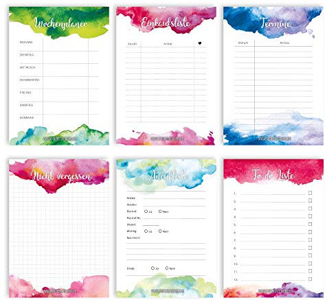 Papierdrachen 6 Notizblöcke für Termine, Wochenplaner, to do Liste, Einkaufslisten und mehr - Tagesplaner und Wochenplaner Aquarell - Ideal für Schule, Uni und Haushalt - Notizblock - DIN A6