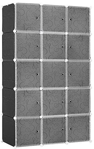 HOMCOM Portable Wardrobe for Bedroom, 15 Cube Closet with Hanging Rail, Modular Storage Cabinet, Plastic Armoire for Space Saving, White and Black