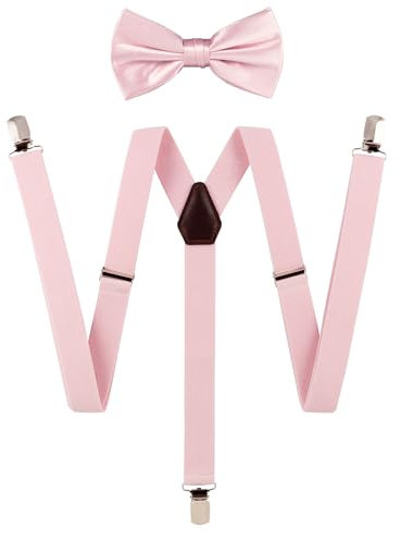 TIE G Solid Color Men's Suspender + Woven Bow Tie Set for Wedding : Vivid Color, Adjustable Brace, Strong Enhanced Clip, Elastic Band (Blush)