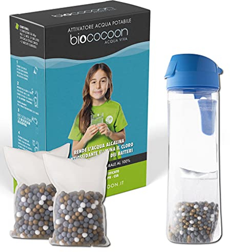 biococoon ACQUA VIVA + borraccia BPA Free 750 ML sacchetto filtro per acqua alcalina pH, elimina cloro per borracce, caraffe, filtranti ecc. durata totale 4 mesi