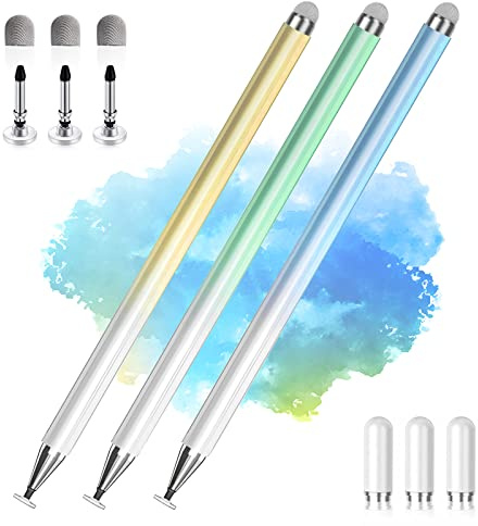 Styluspennor för pekskärmar, 2-i-1 universell pekskärmspenna med hög precision för iPad kompatibel med Apple, iPhone, iPad, Android, Samsung-surfplattor, telefoner, 3-pack blå, grön, gul